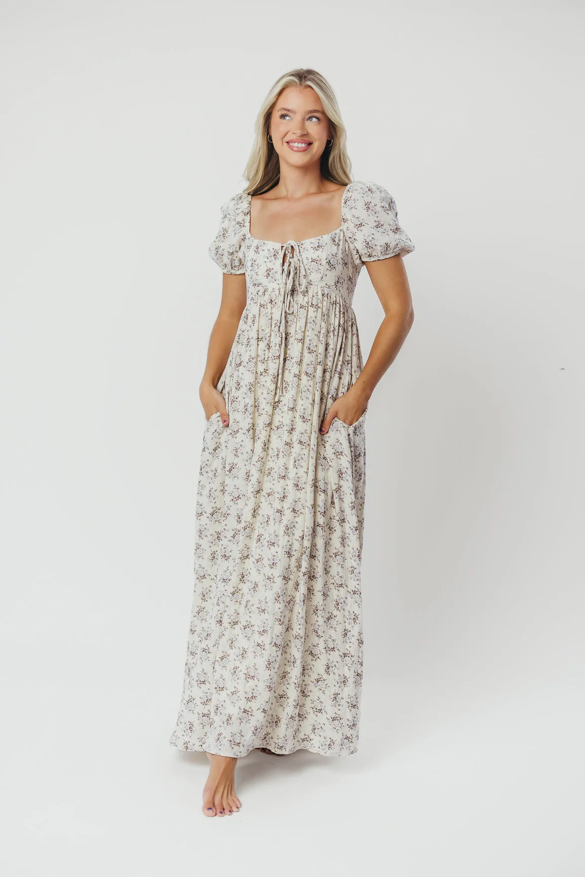 Haven 100% Cotton Tie-Front Maxi Dress in Blue/Brown Floral -Bump Friendly- PRE-ORDER
