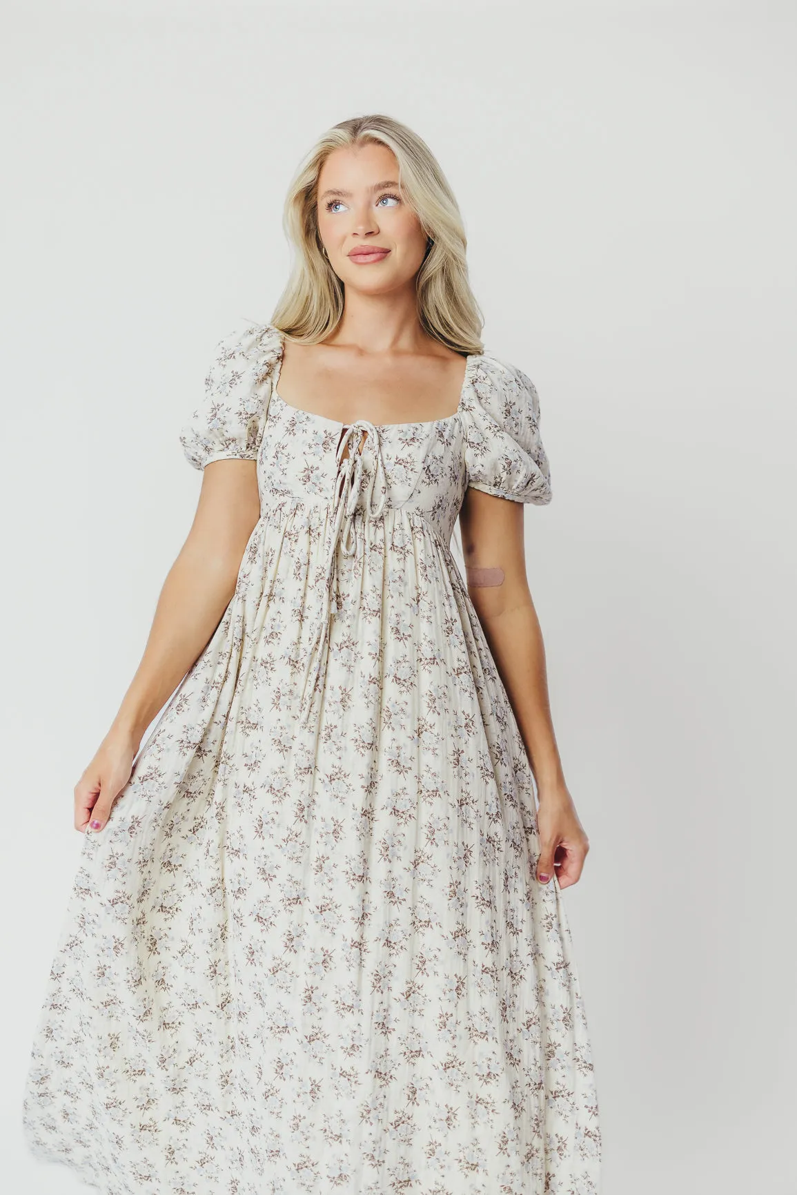 Haven 100% Cotton Tie-Front Maxi Dress in Blue/Brown Floral -Bump Friendly- PRE-ORDER