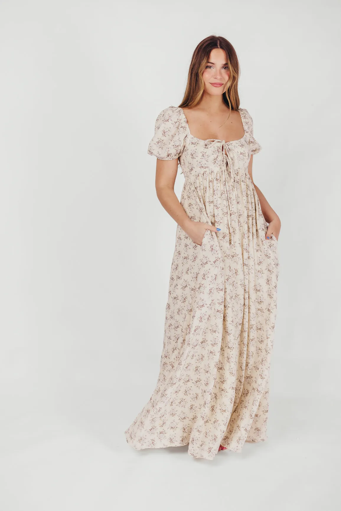 Haven 100% Cotton Tie-Front Maxi Dress in Blue/Brown Floral -Bump Friendly- PRE-ORDER