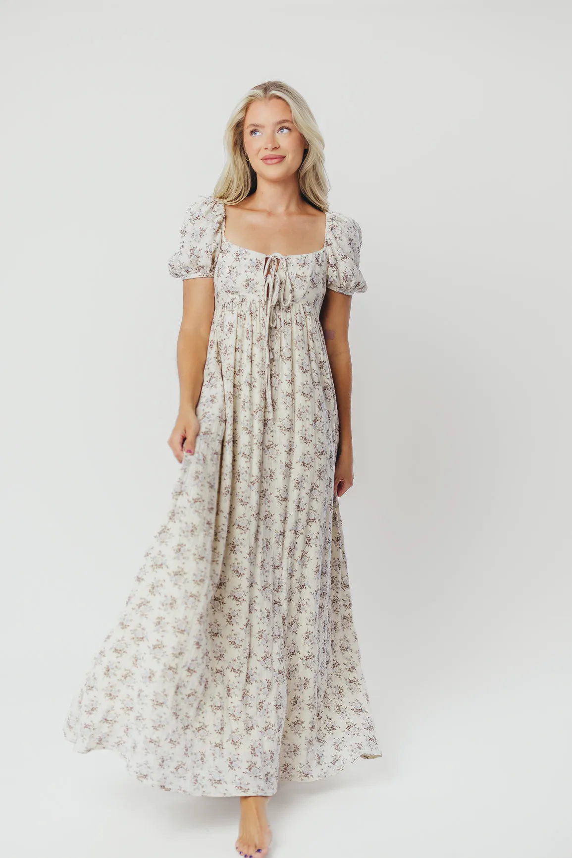 Haven 100% Cotton Tie-Front Maxi Dress in Blue/Brown Floral -Bump Friendly- PRE-ORDER