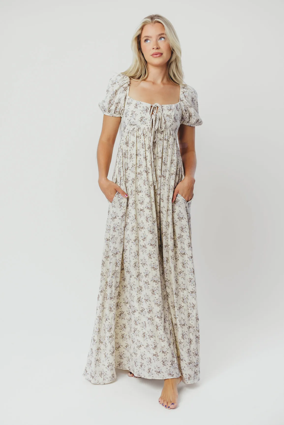 Haven 100% Cotton Tie-Front Maxi Dress in Blue/Brown Floral -Bump Friendly- PRE-ORDER