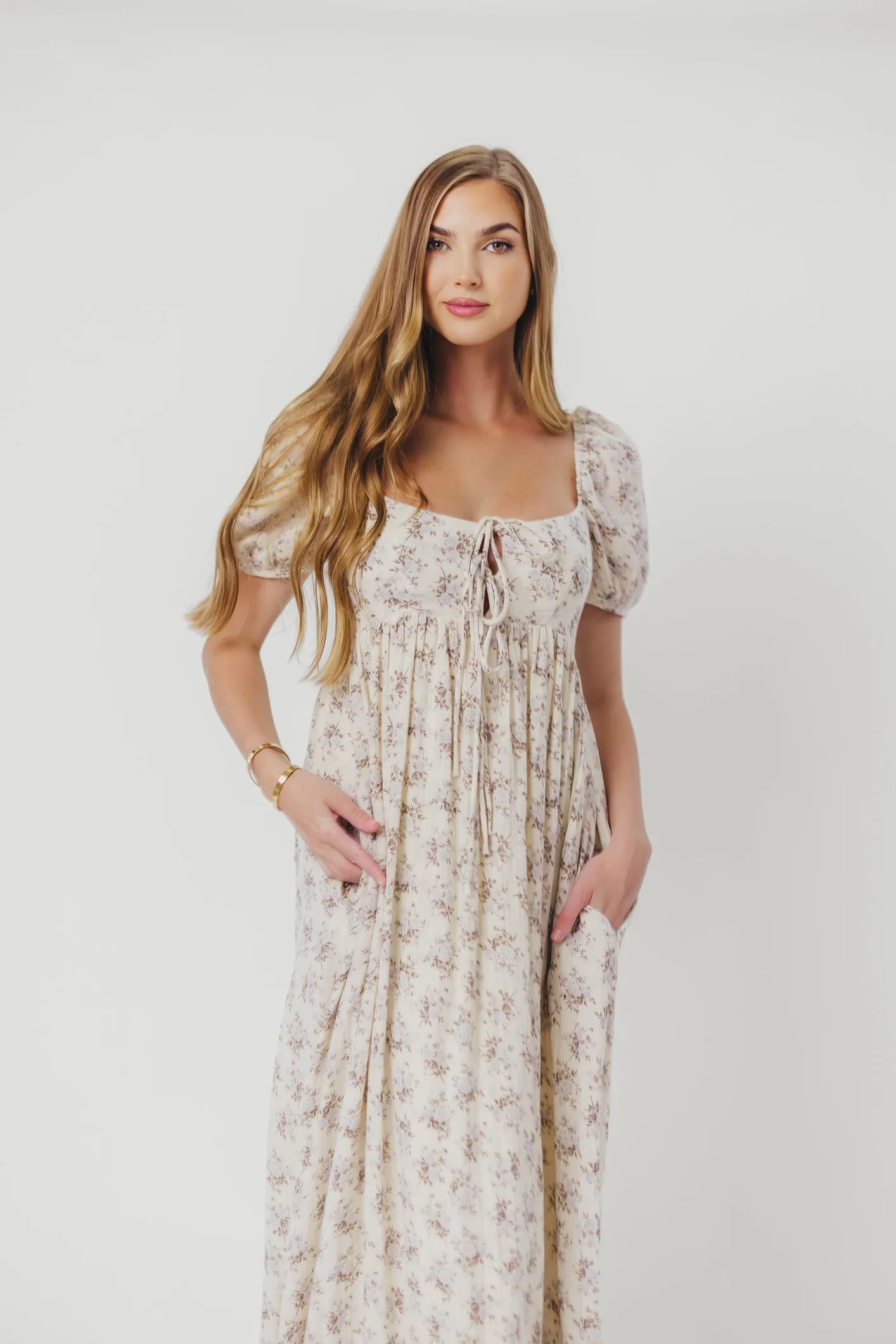 Haven 100% Cotton Tie-Front Maxi Dress in Blue/Brown Floral -Bump Friendly- PRE-ORDER