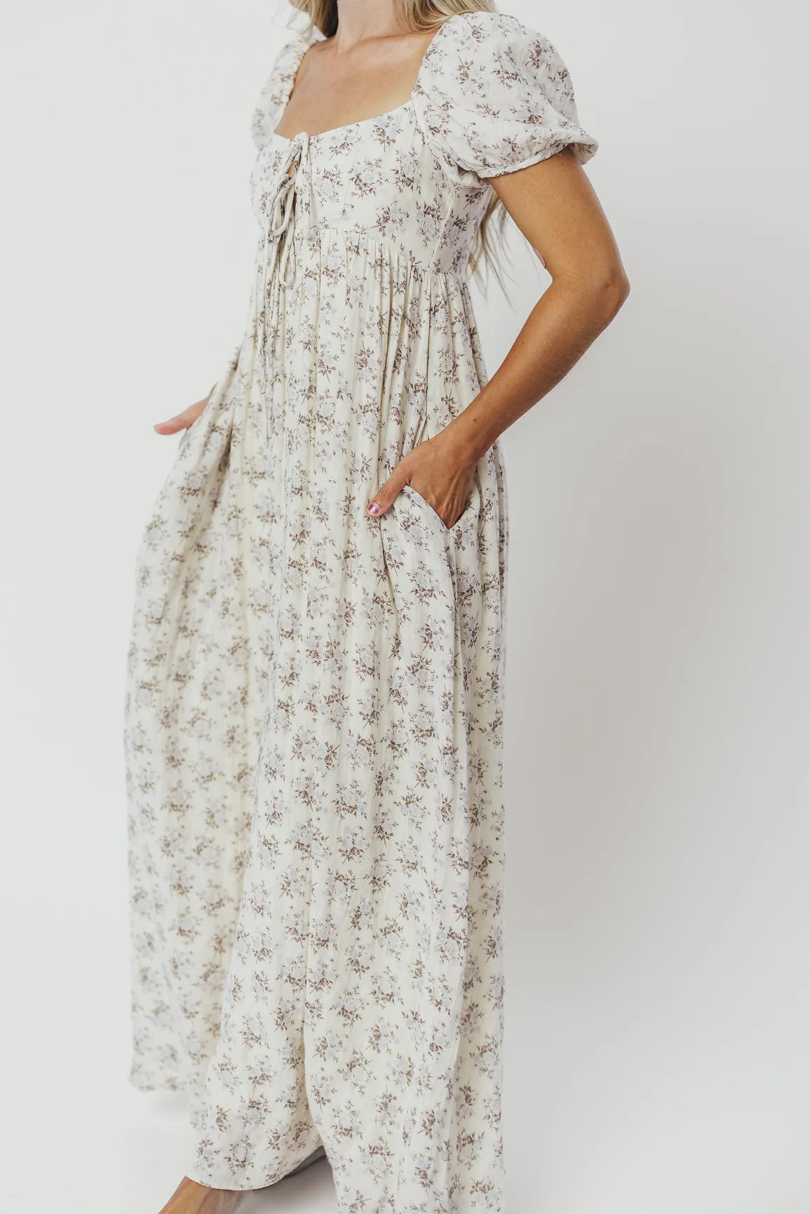 Haven 100% Cotton Tie-Front Maxi Dress in Blue/Brown Floral -Bump Friendly- PRE-ORDER