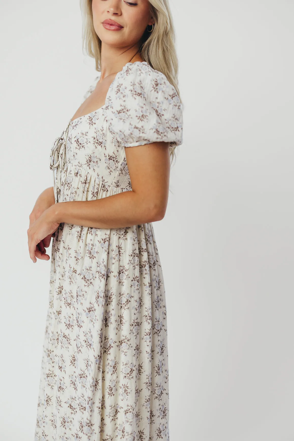 Haven 100% Cotton Tie-Front Maxi Dress in Blue/Brown Floral -Bump Friendly- PRE-ORDER