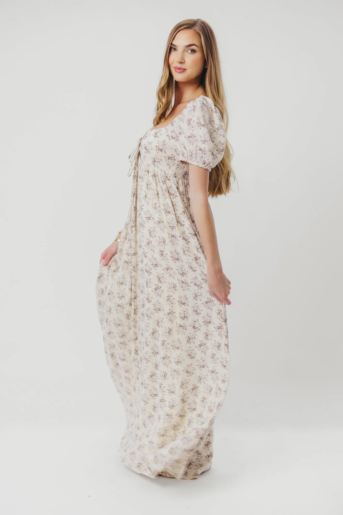 Haven 100% Cotton Tie-Front Maxi Dress in Blue/Brown Floral -Bump Friendly- PRE-ORDER
