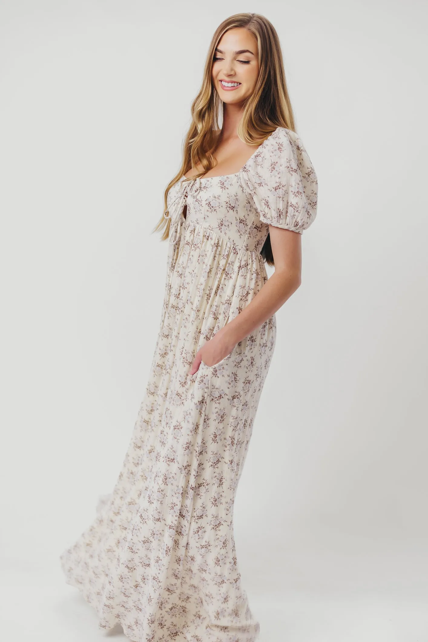Haven 100% Cotton Tie-Front Maxi Dress in Blue/Brown Floral -Bump Friendly- PRE-ORDER