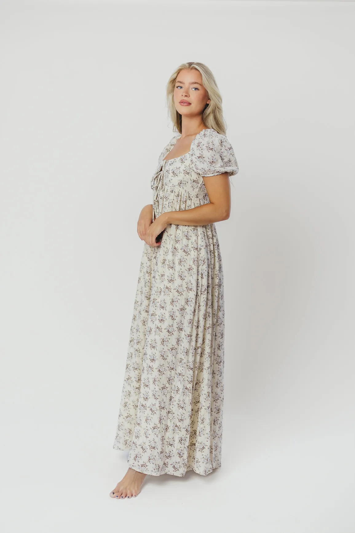 Haven 100% Cotton Tie-Front Maxi Dress in Blue/Brown Floral -Bump Friendly- PRE-ORDER