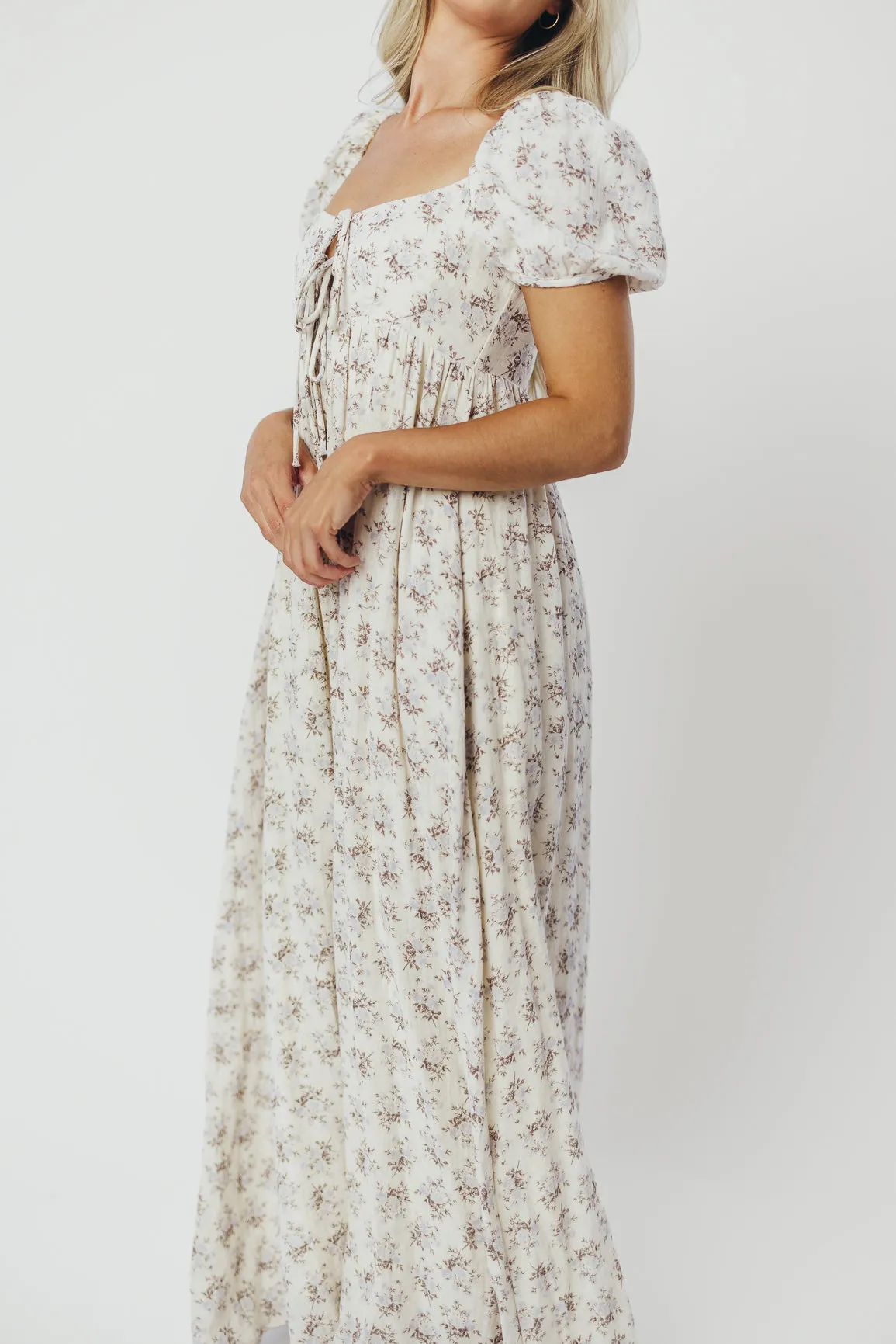 Haven 100% Cotton Tie-Front Maxi Dress in Blue/Brown Floral -Bump Friendly- PRE-ORDER