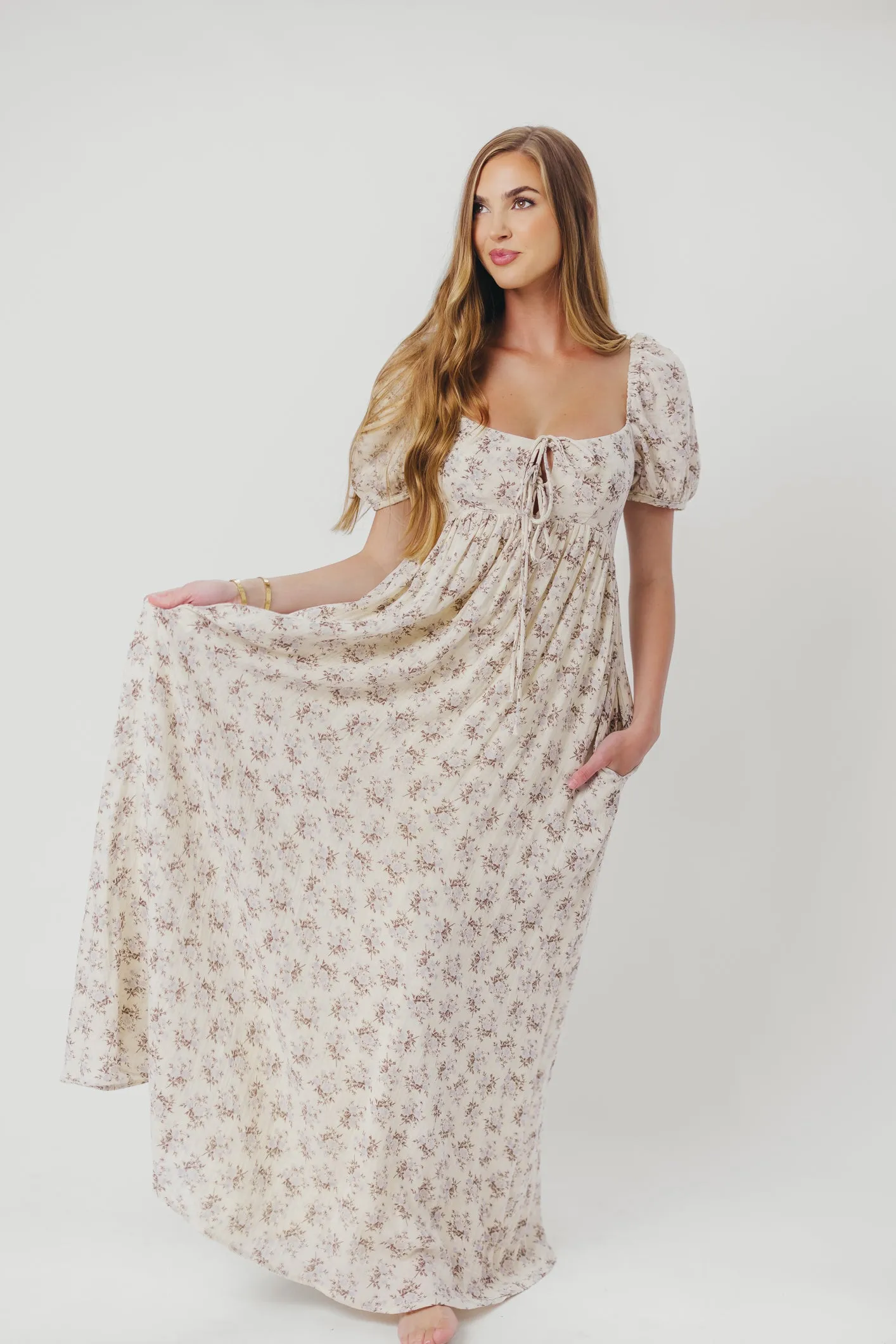 Haven 100% Cotton Tie-Front Maxi Dress in Blue/Brown Floral -Bump Friendly- PRE-ORDER