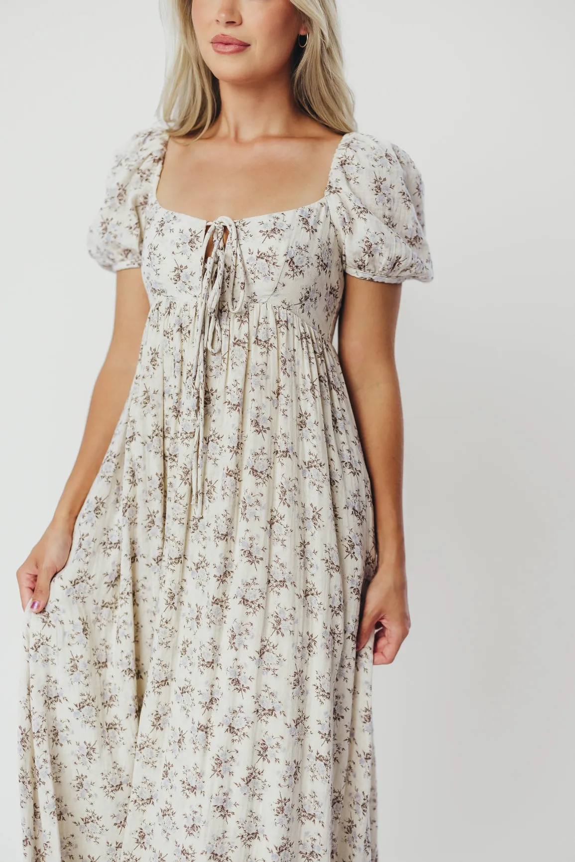 Haven 100% Cotton Tie-Front Maxi Dress in Blue/Brown Floral -Bump Friendly- PRE-ORDER