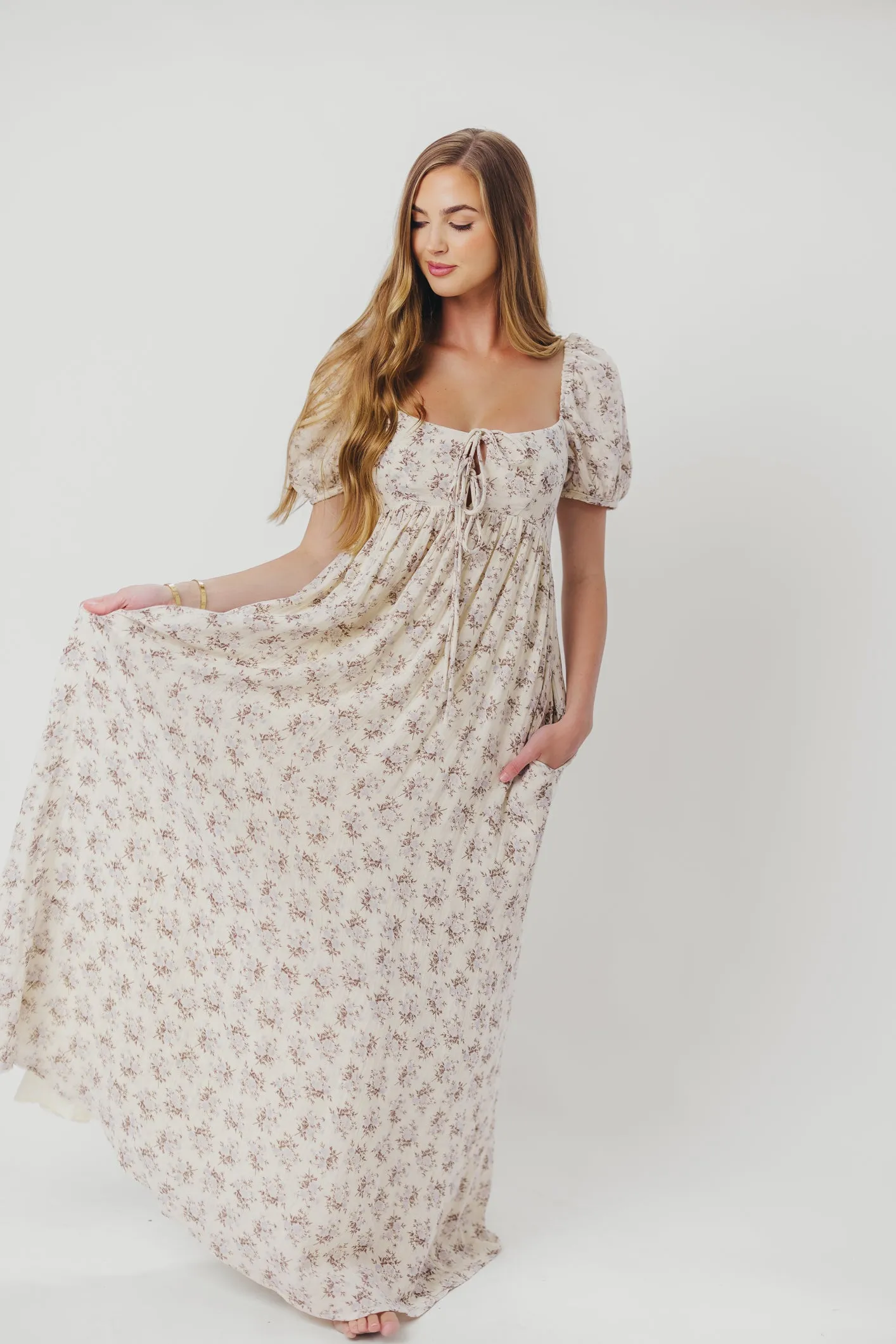 Haven 100% Cotton Tie-Front Maxi Dress in Blue/Brown Floral -Bump Friendly- PRE-ORDER