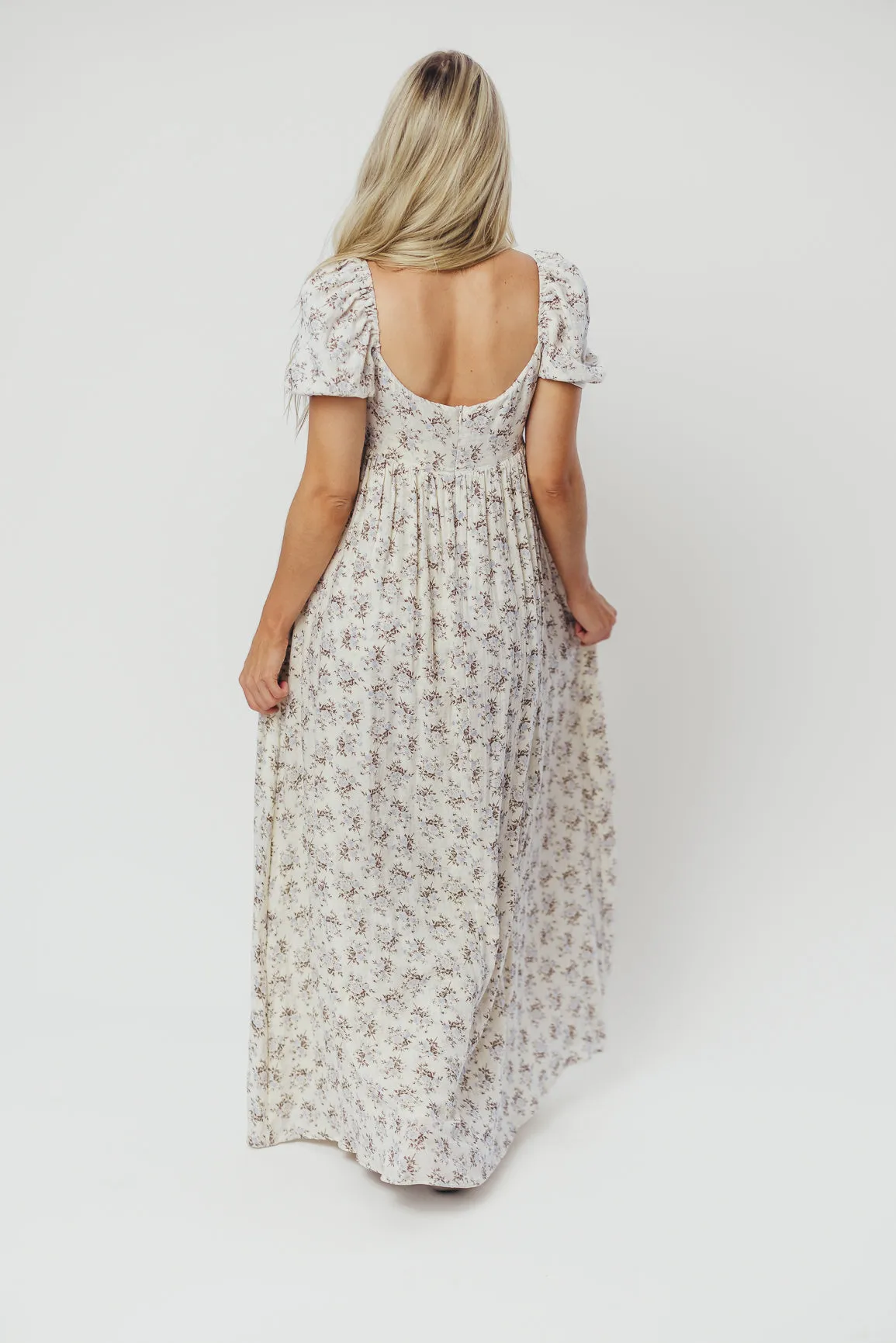 Haven 100% Cotton Tie-Front Maxi Dress in Blue/Brown Floral -Bump Friendly- PRE-ORDER