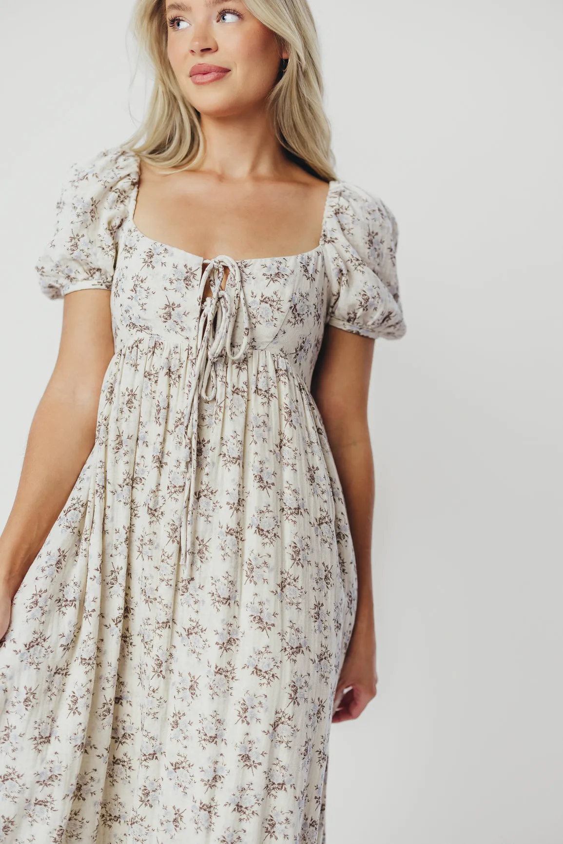 Haven 100% Cotton Tie-Front Maxi Dress in Blue/Brown Floral -Bump Friendly- PRE-ORDER