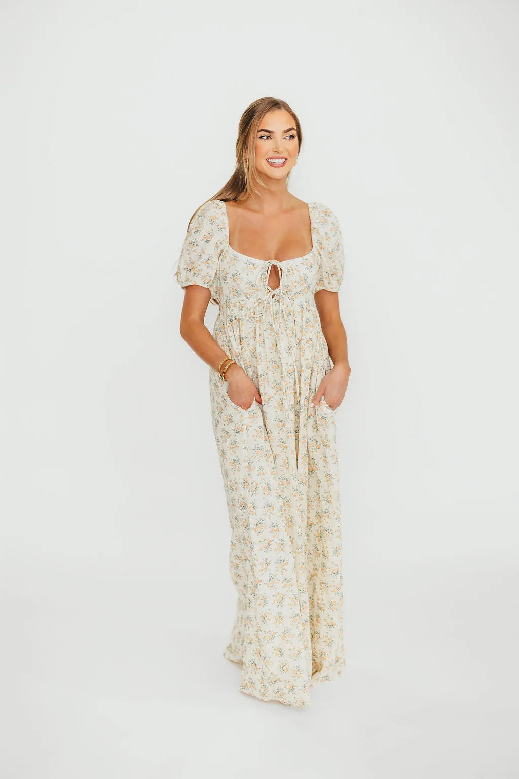 Haven 100% Cotton Tie-Front Maxi Dress in Orange/Green Floral -Bump Friendly- PRE-ORDER