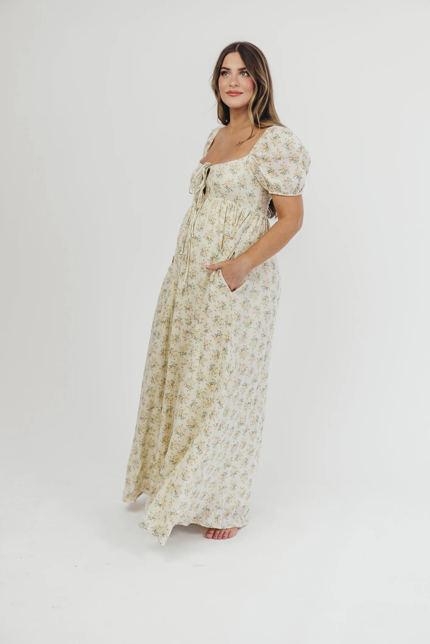 Haven 100% Cotton Tie-Front Maxi Dress in Orange/Green Floral -Bump Friendly- PRE-ORDER