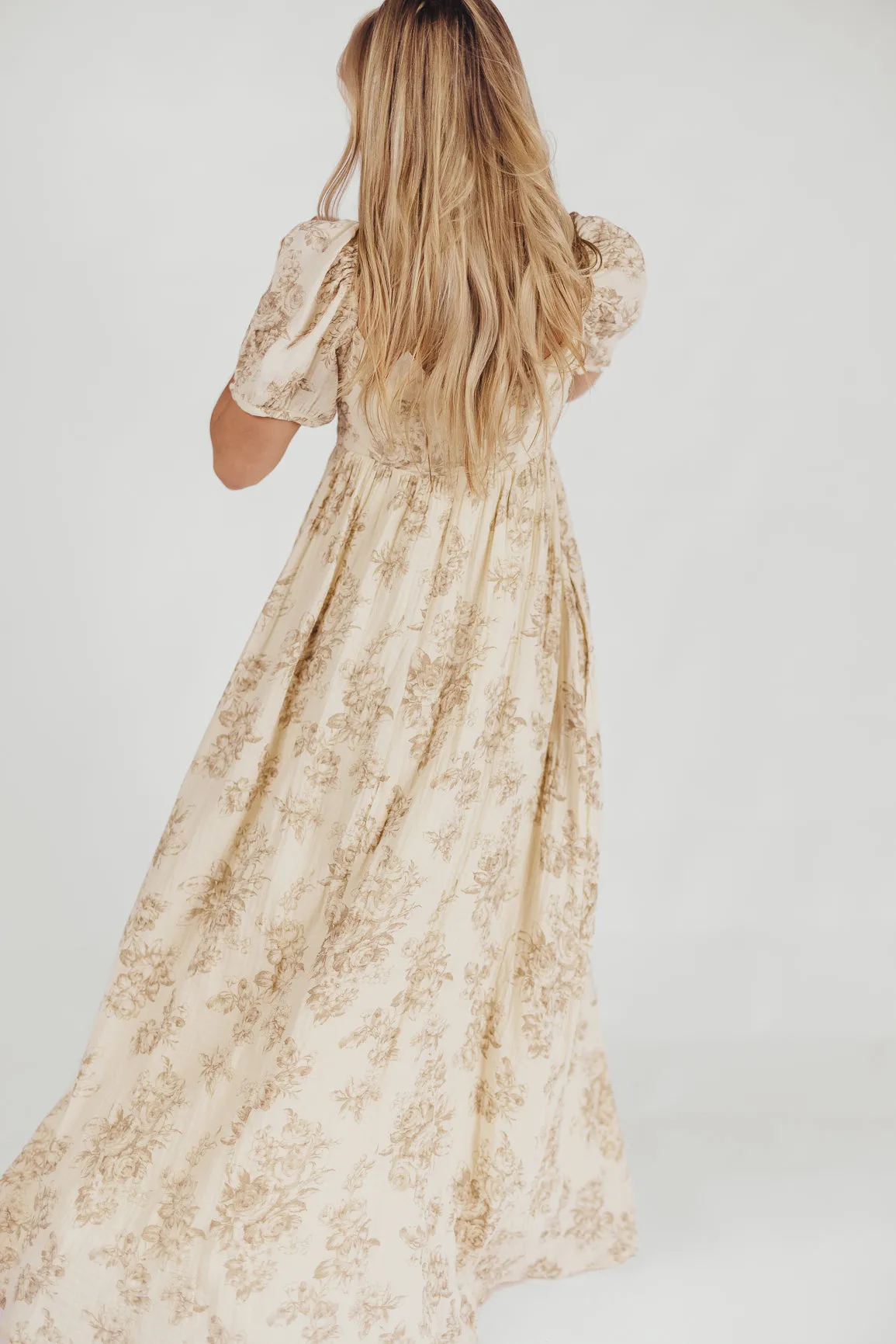 Haven 100% Cotton Tie-Front Maxi Dress in Taupe/Brown Floral -Bump Friendly- PRE-ORDER