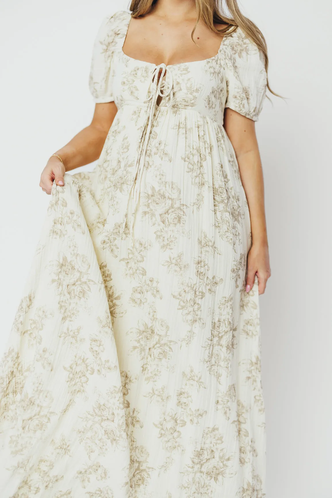 Haven 100% Cotton Tie-Front Maxi Dress in Taupe/Brown Floral -Bump Friendly- PRE-ORDER