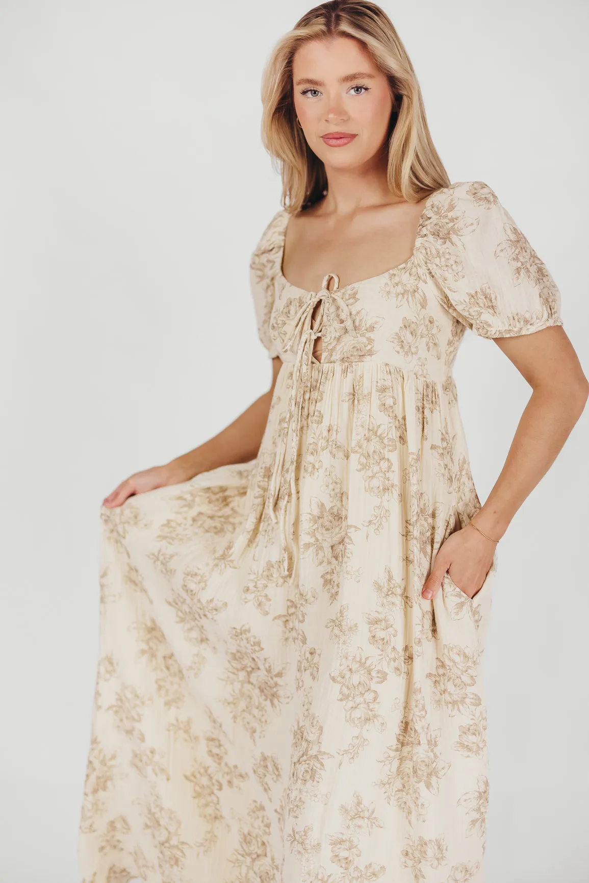 Haven 100% Cotton Tie-Front Maxi Dress in Taupe/Brown Floral -Bump Friendly- PRE-ORDER