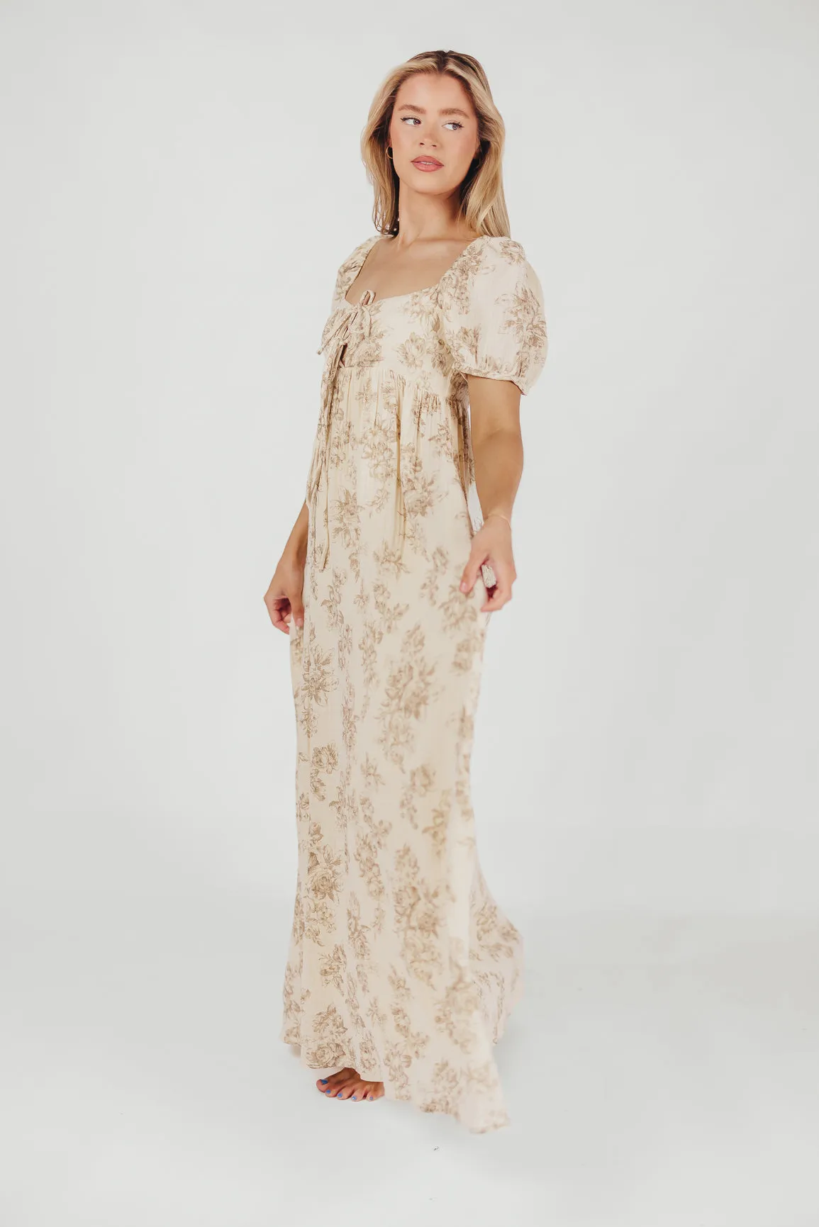 Haven 100% Cotton Tie-Front Maxi Dress in Taupe/Brown Floral -Bump Friendly- PRE-ORDER