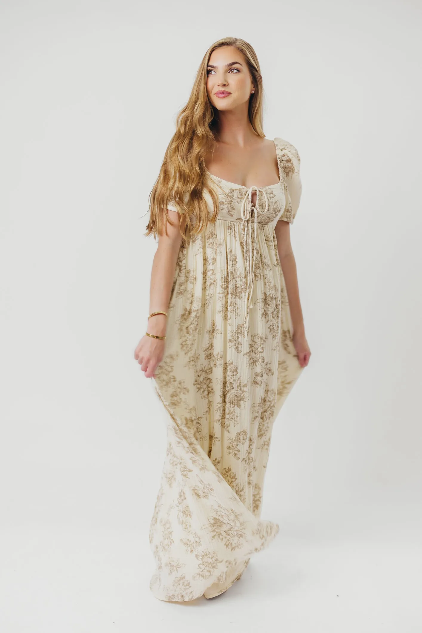 Haven 100% Cotton Tie-Front Maxi Dress in Taupe/Brown Floral -Bump Friendly- PRE-ORDER