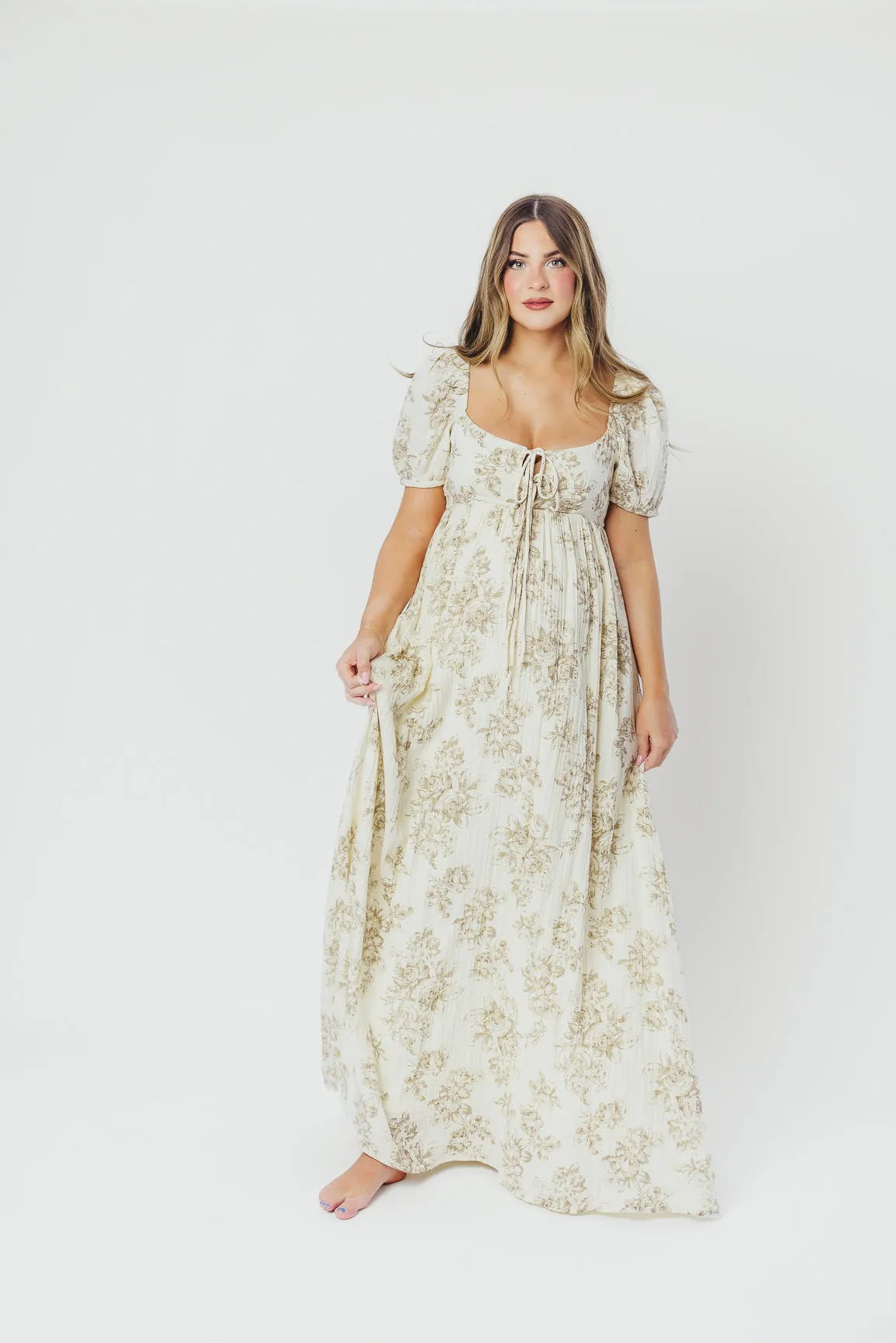 Haven 100% Cotton Tie-Front Maxi Dress in Taupe/Brown Floral -Bump Friendly- PRE-ORDER