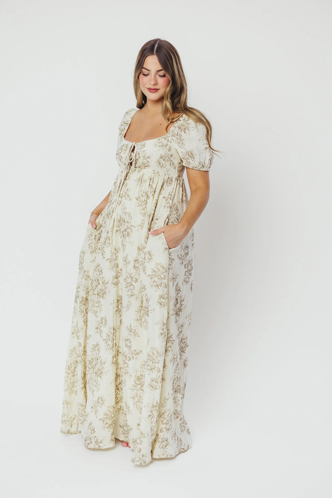 Haven 100% Cotton Tie-Front Maxi Dress in Taupe/Brown Floral -Bump Friendly- PRE-ORDER