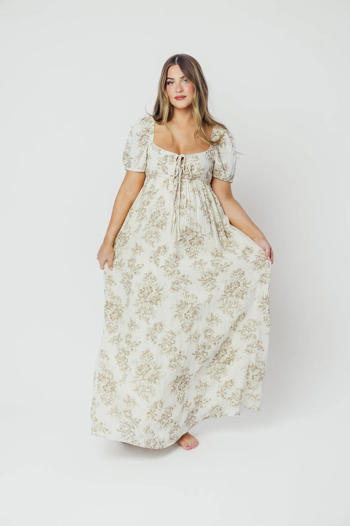 Haven 100% Cotton Tie-Front Maxi Dress in Taupe/Brown Floral -Bump Friendly- PRE-ORDER