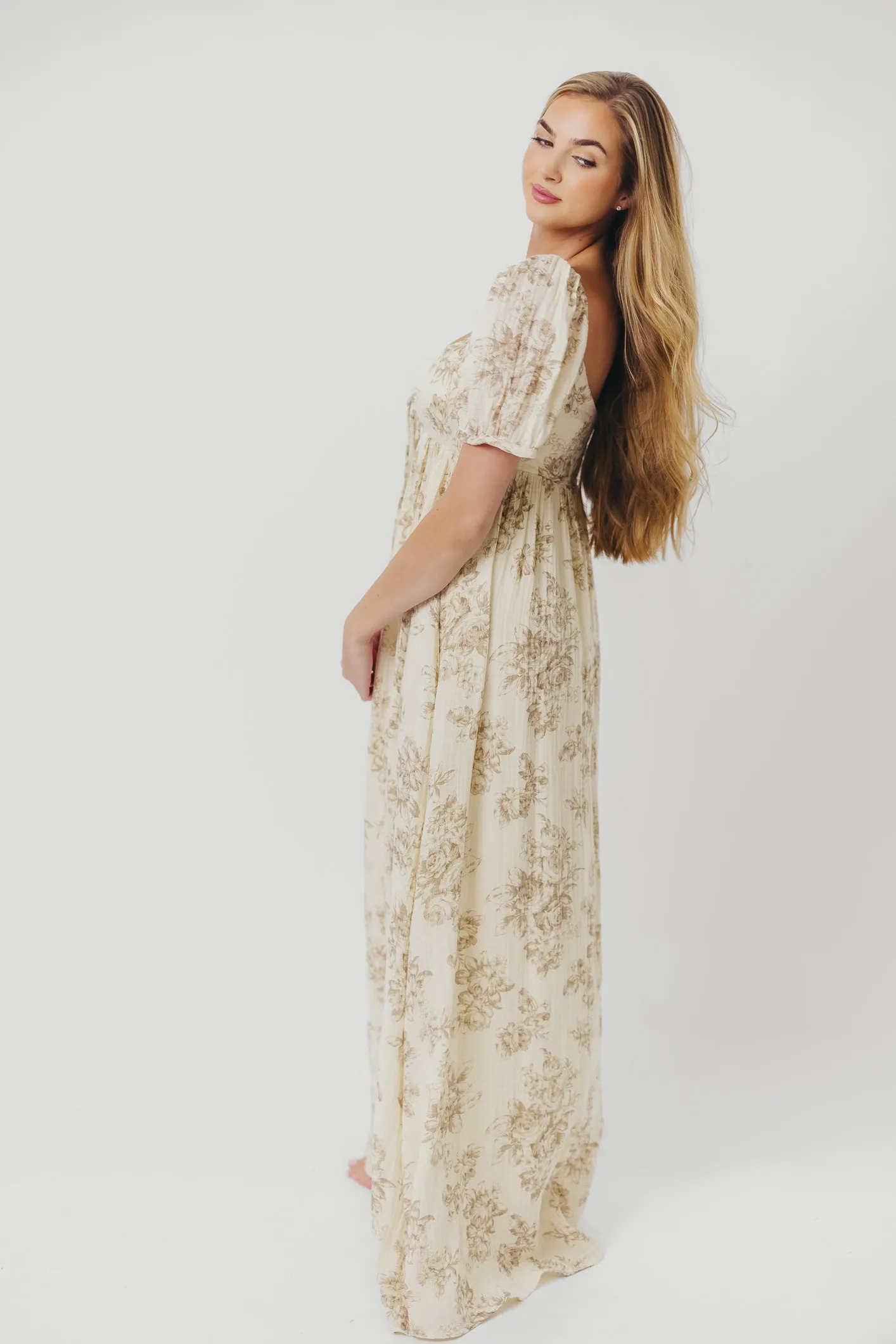 Haven 100% Cotton Tie-Front Maxi Dress in Taupe/Brown Floral -Bump Friendly- PRE-ORDER
