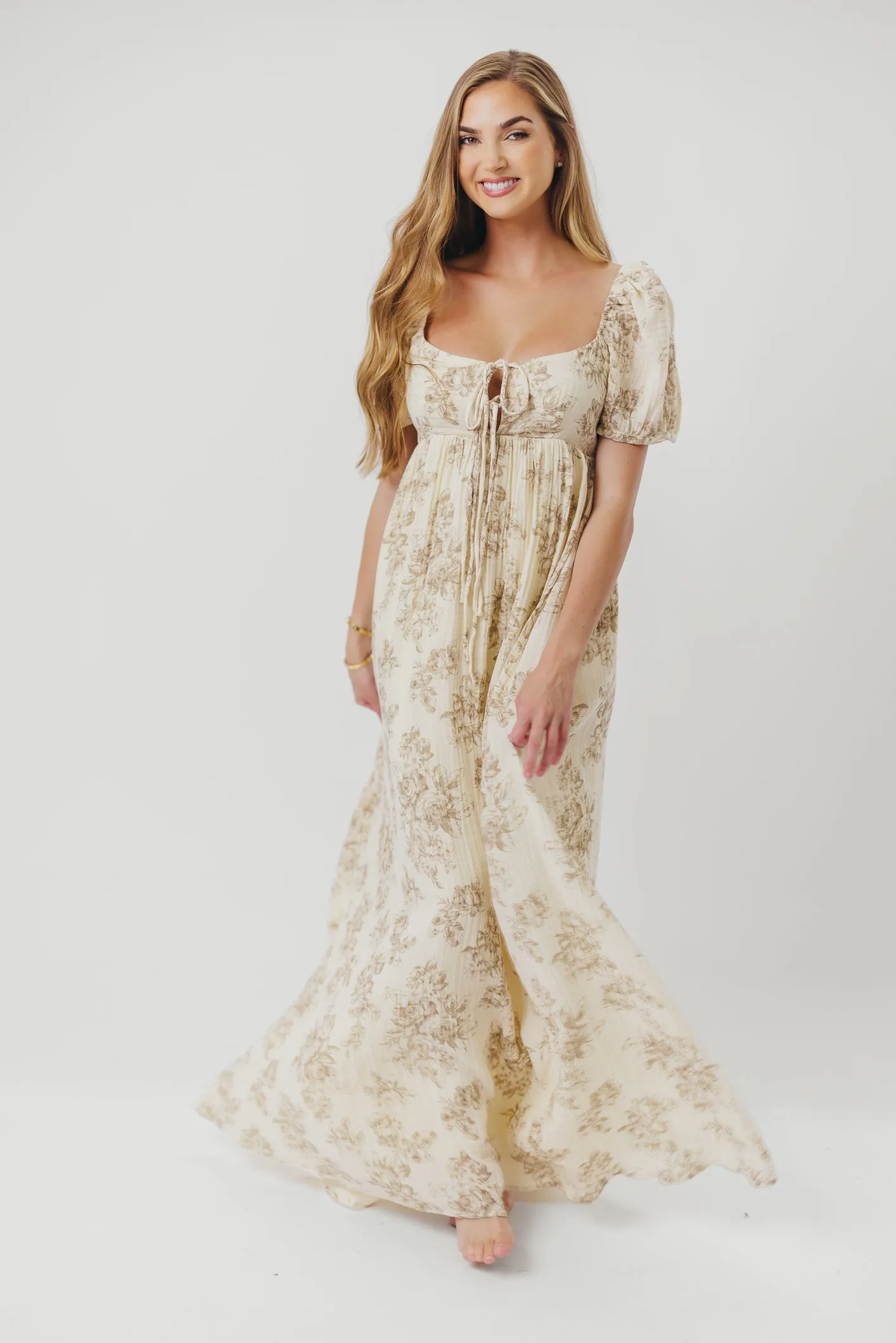 Haven 100% Cotton Tie-Front Maxi Dress in Taupe/Brown Floral -Bump Friendly- PRE-ORDER