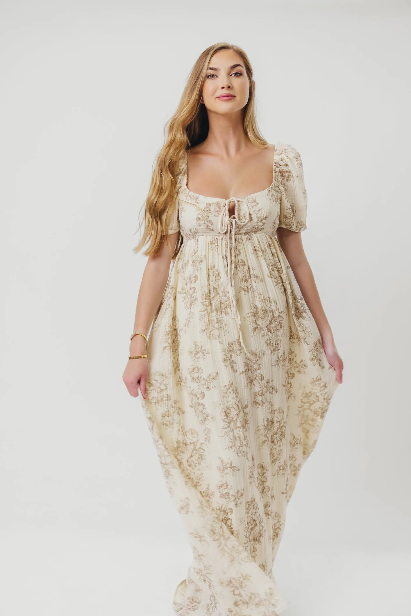 Haven 100% Cotton Tie-Front Maxi Dress in Taupe/Brown Floral -Bump Friendly- PRE-ORDER