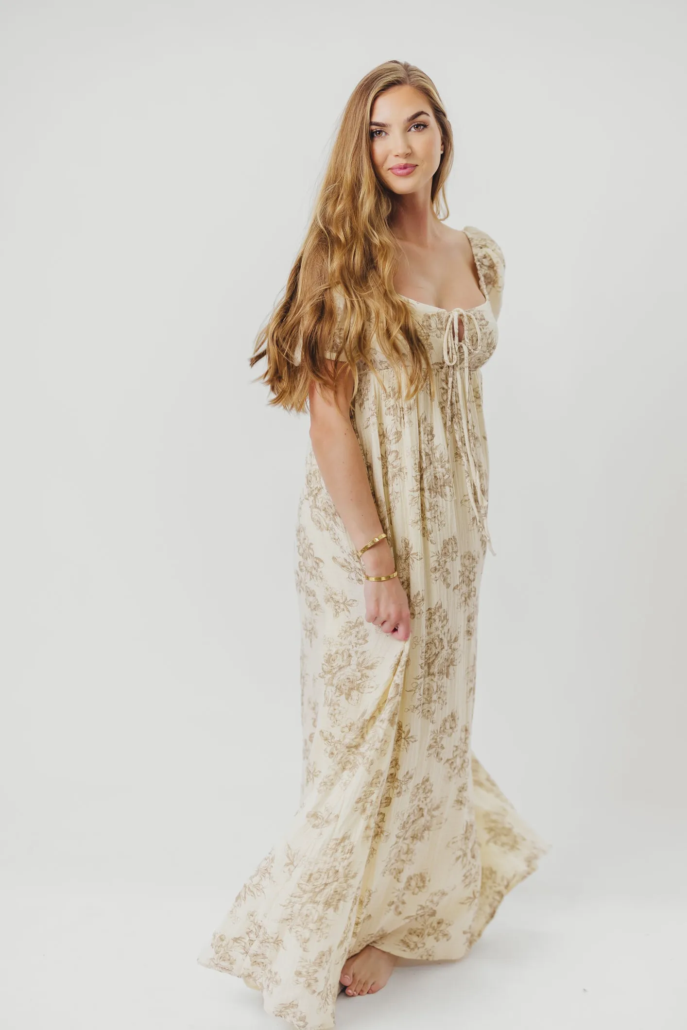 Haven 100% Cotton Tie-Front Maxi Dress in Taupe/Brown Floral -Bump Friendly- PRE-ORDER
