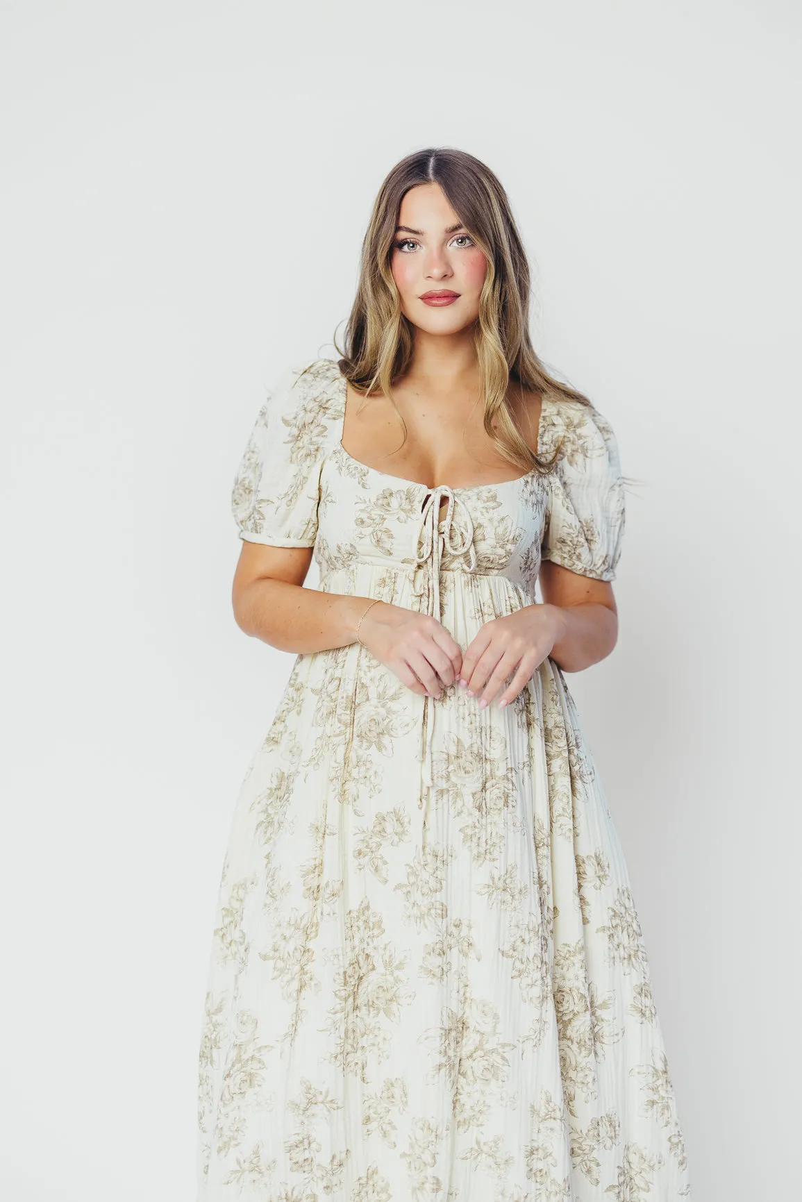 Haven 100% Cotton Tie-Front Maxi Dress in Taupe/Brown Floral -Bump Friendly- PRE-ORDER