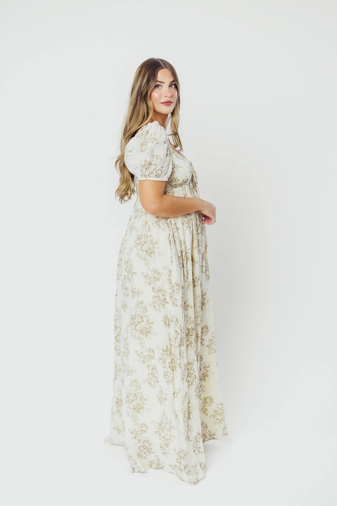 Haven 100% Cotton Tie-Front Maxi Dress in Taupe/Brown Floral -Bump Friendly- PRE-ORDER
