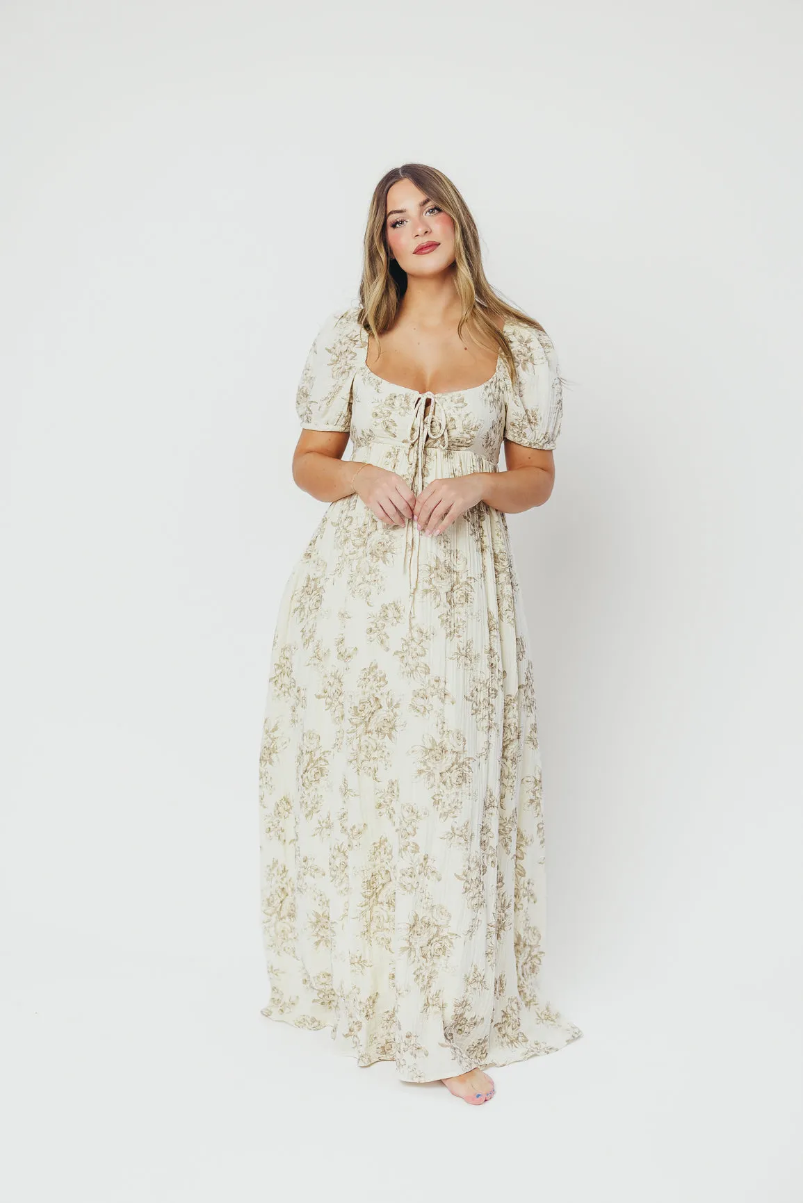 Haven 100% Cotton Tie-Front Maxi Dress in Taupe/Brown Floral -Bump Friendly- PRE-ORDER