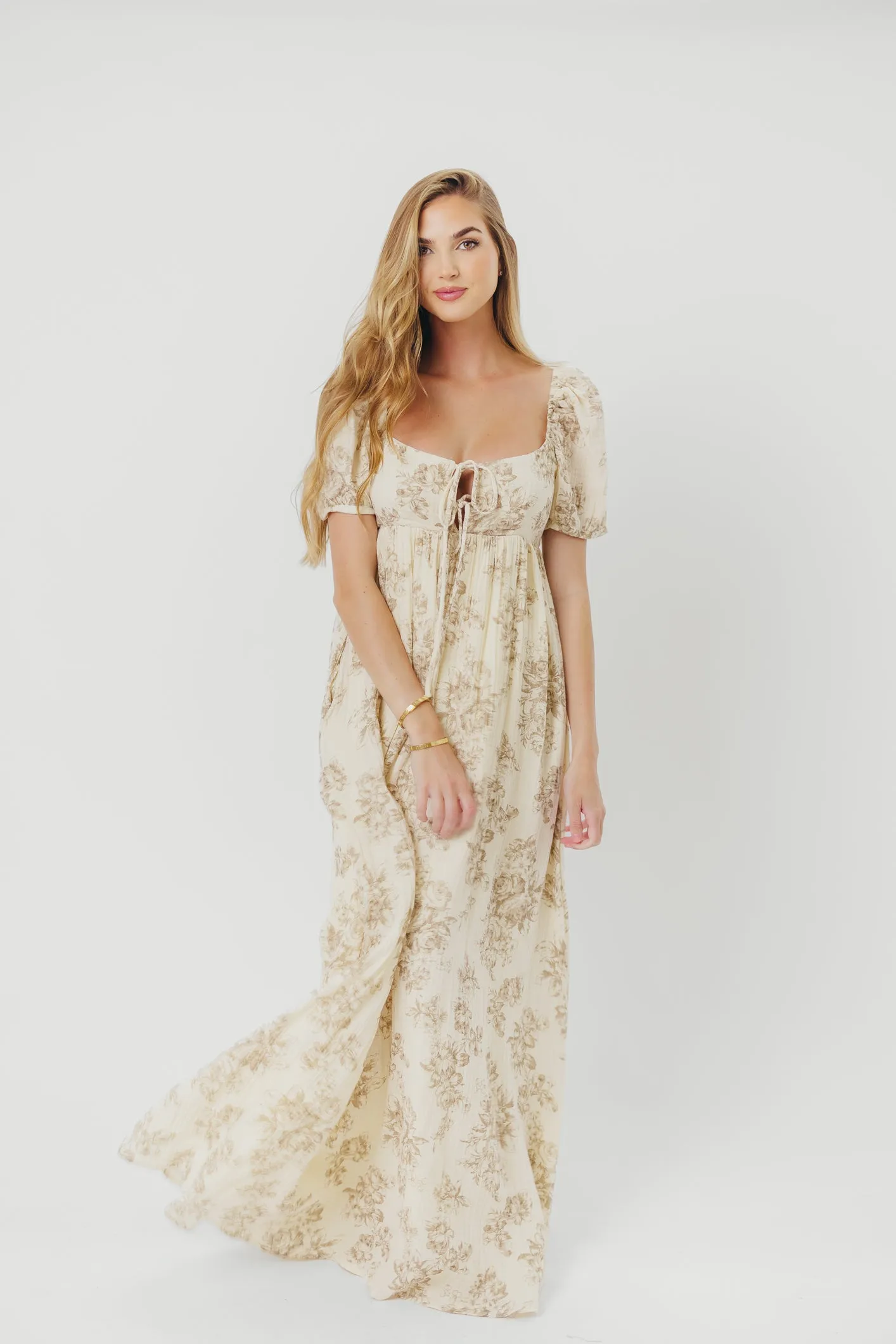 Haven 100% Cotton Tie-Front Maxi Dress in Taupe/Brown Floral -Bump Friendly- PRE-ORDER