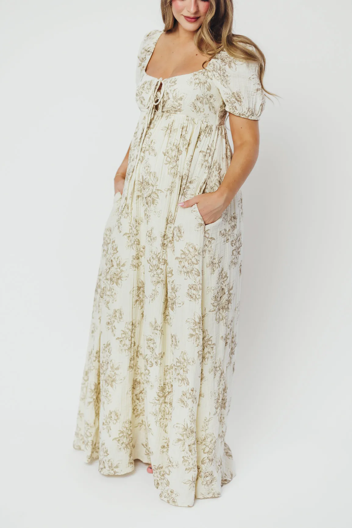 Haven 100% Cotton Tie-Front Maxi Dress in Taupe/Brown Floral -Bump Friendly- PRE-ORDER