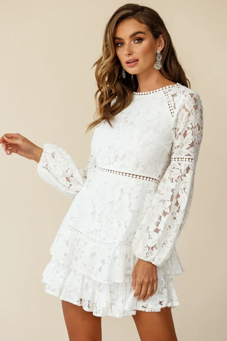 Henrietta Lace Overlay Long Sleeve Ruffle Dress White
