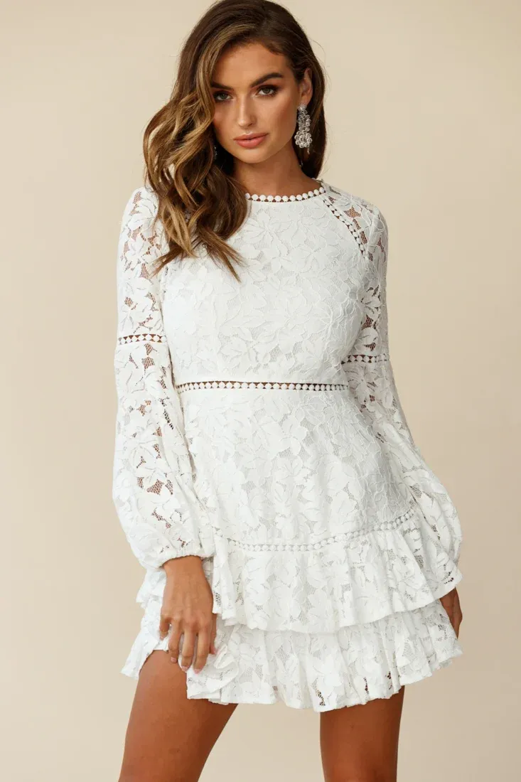 Henrietta Lace Overlay Long Sleeve Ruffle Dress White
