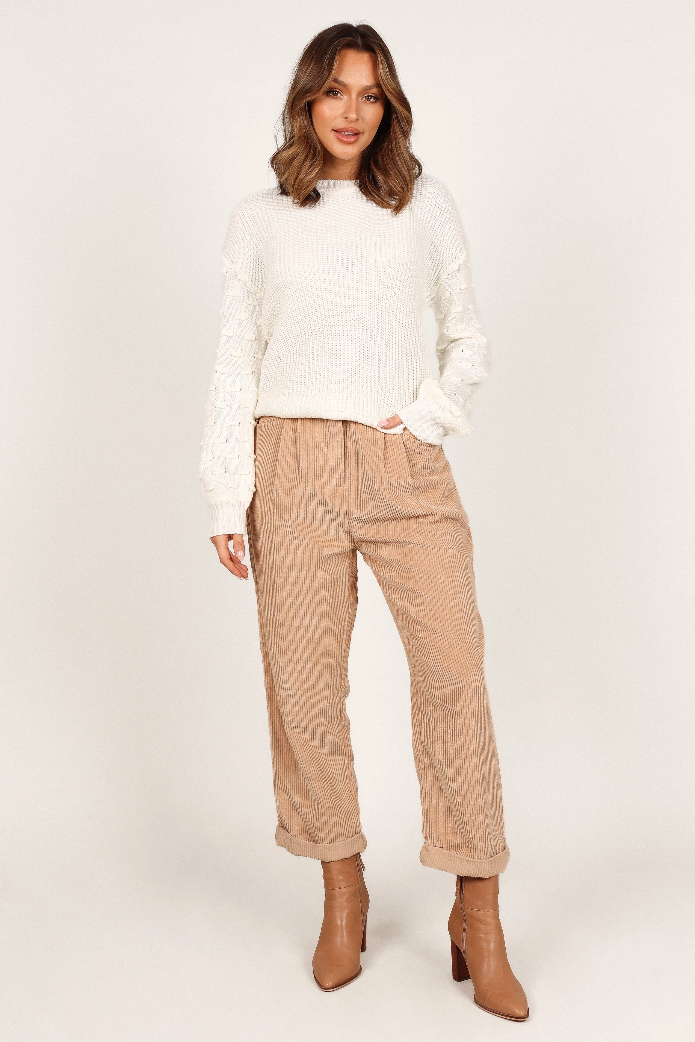 Katrina Textured Sleeve Crewneck Knit Sweater - White