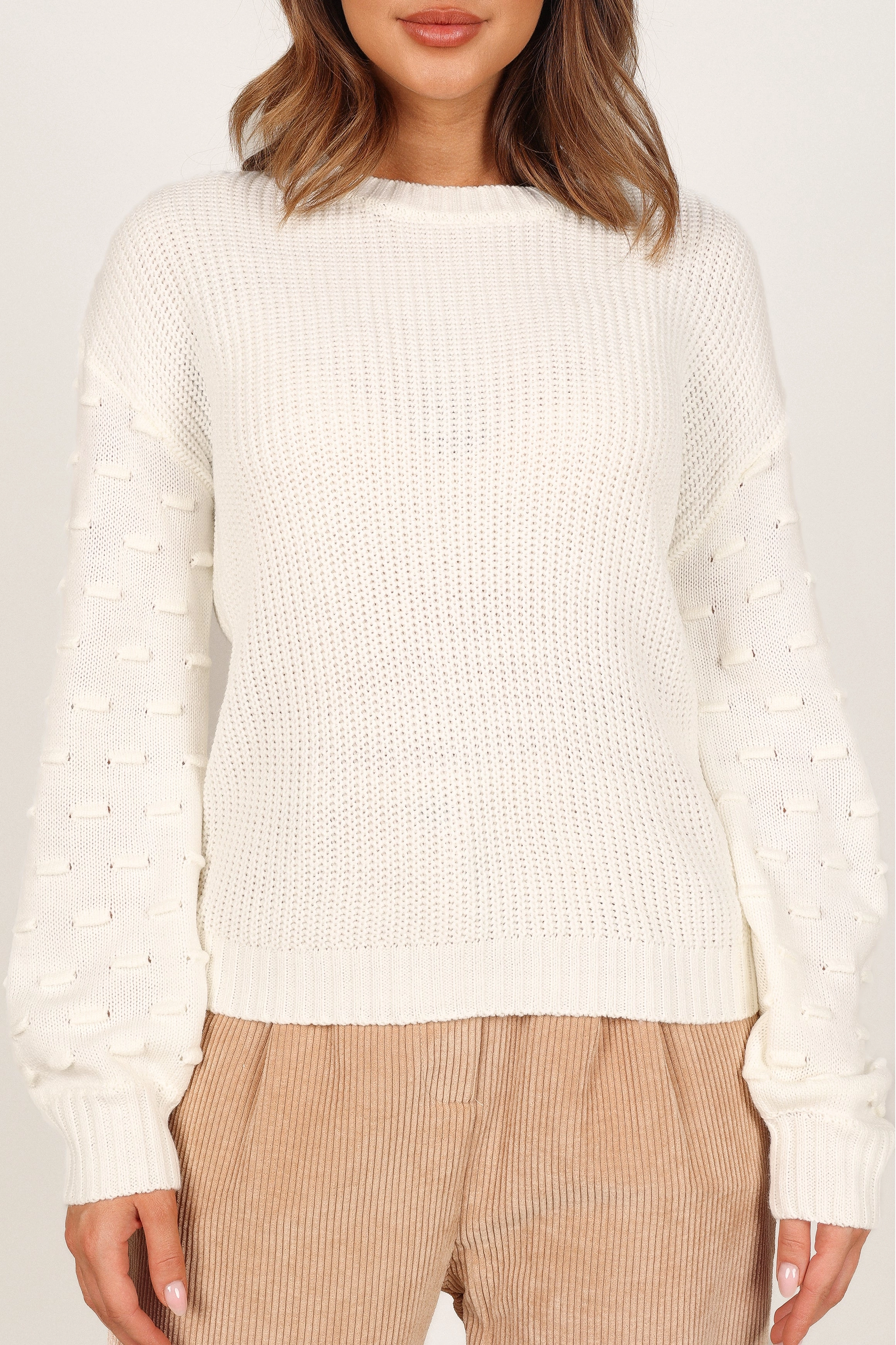 Katrina Textured Sleeve Crewneck Knit Sweater - White