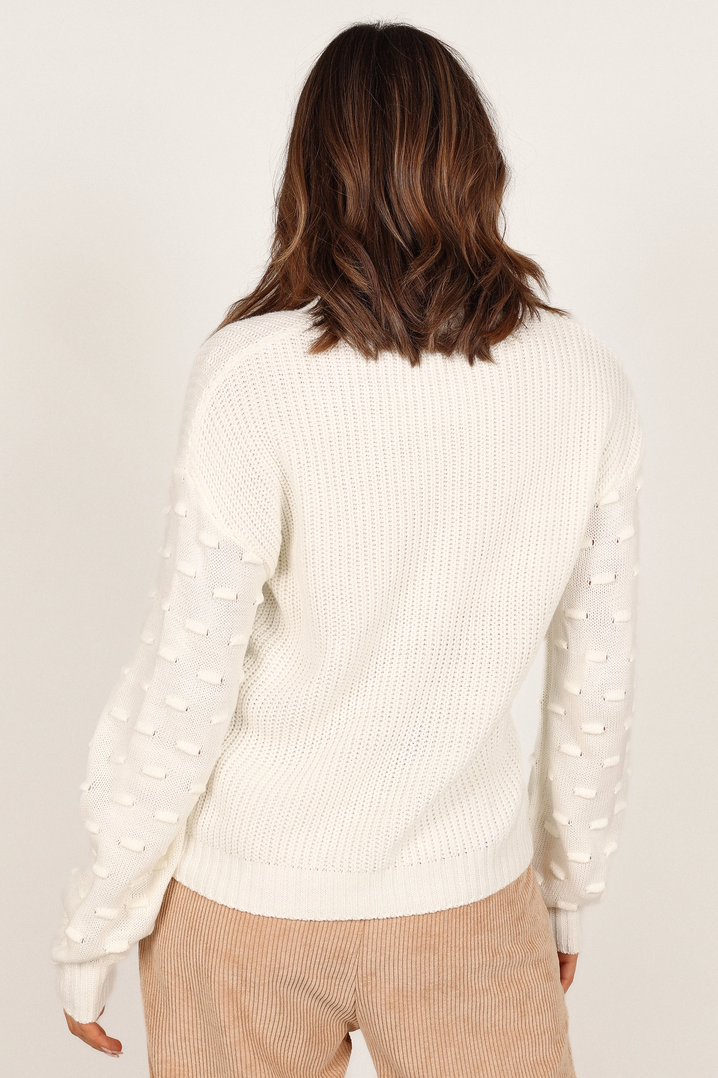Katrina Textured Sleeve Crewneck Knit Sweater - White