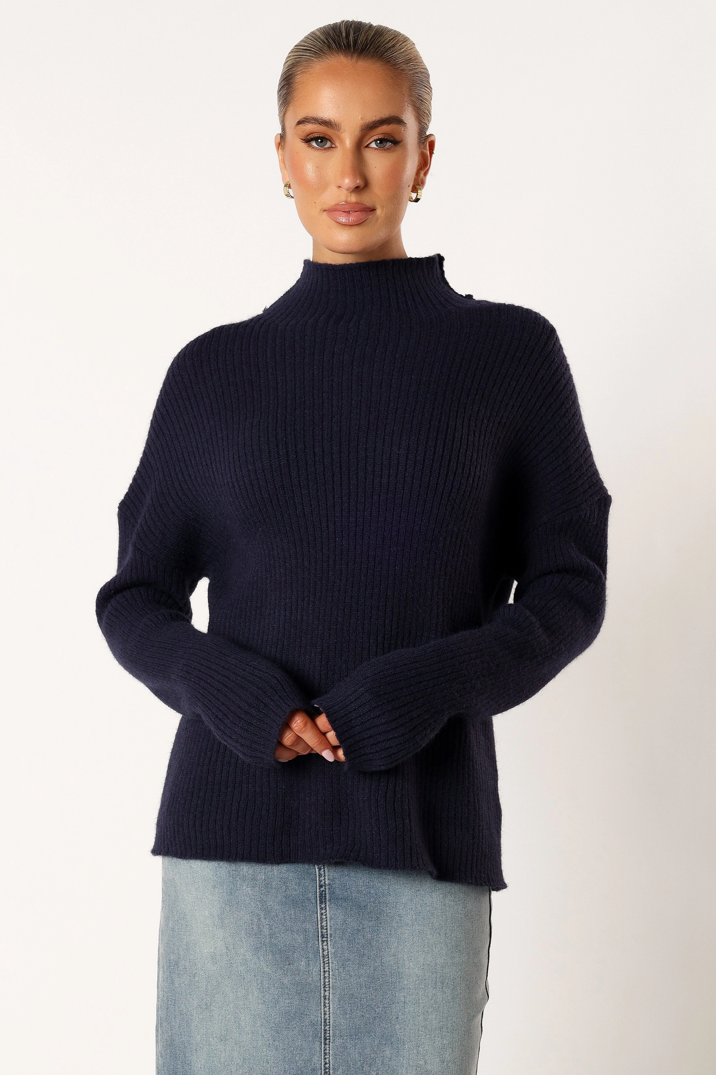 Kora Mock Neck Knit Sweater - Navy