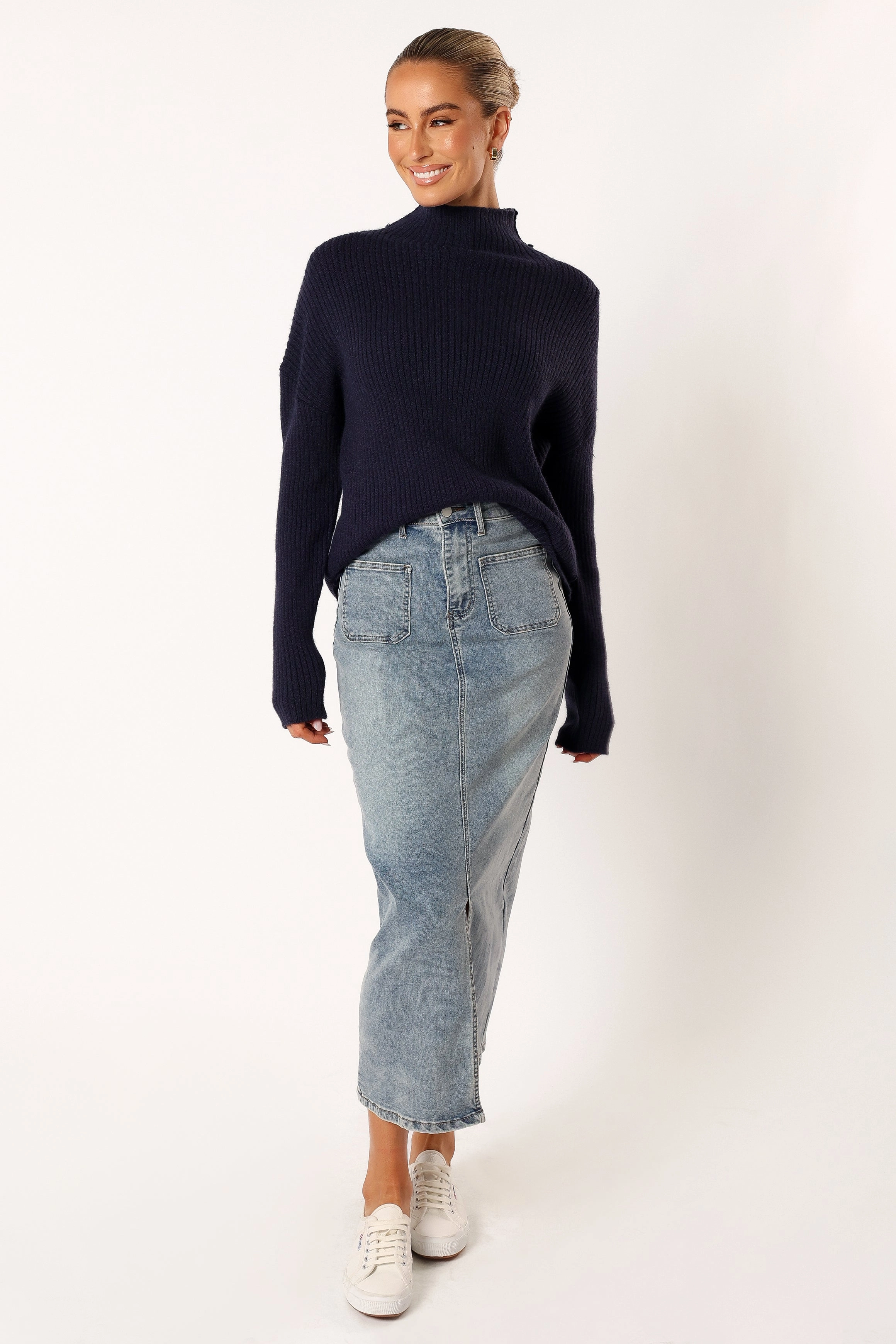Kora Mock Neck Knit Sweater - Navy