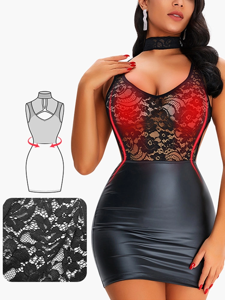 Lace Backless Pack Hip Control PU Leather Body Shaper Dresses