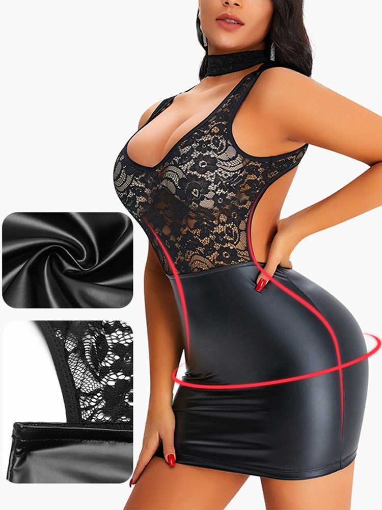 Lace Backless Pack Hip Control PU Leather Body Shaper Dresses