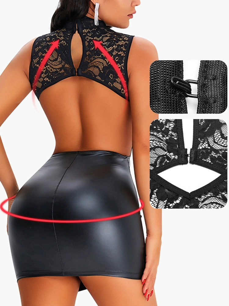 Lace Backless Pack Hip Control PU Leather Body Shaper Dresses