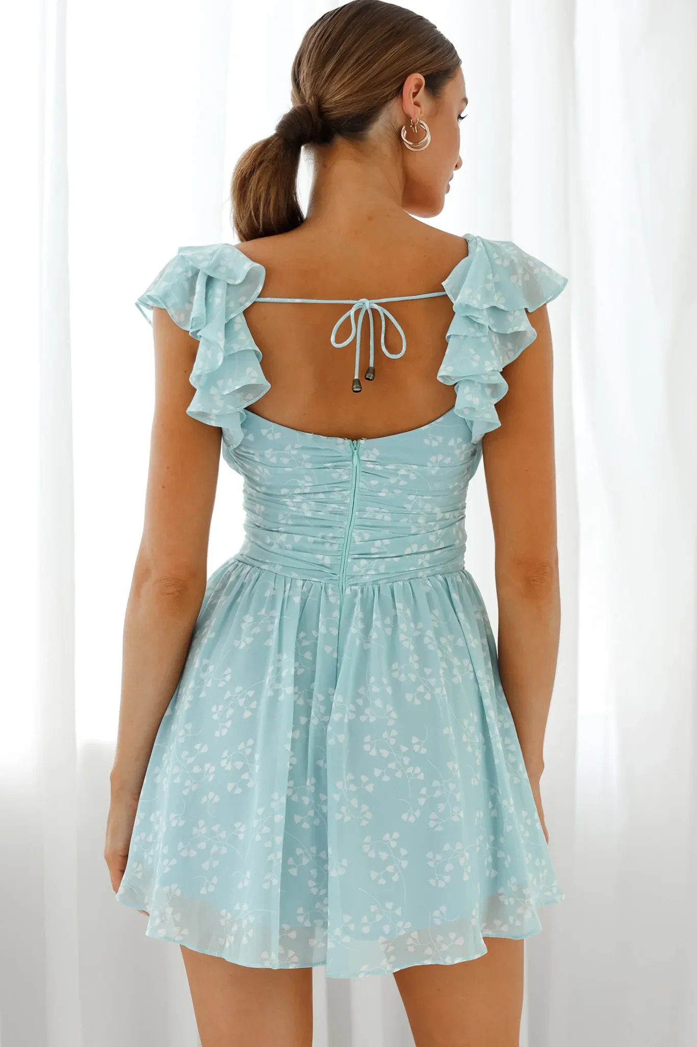 Lola Ruffle Shoulder Ruched Dress Leaf Print Blue