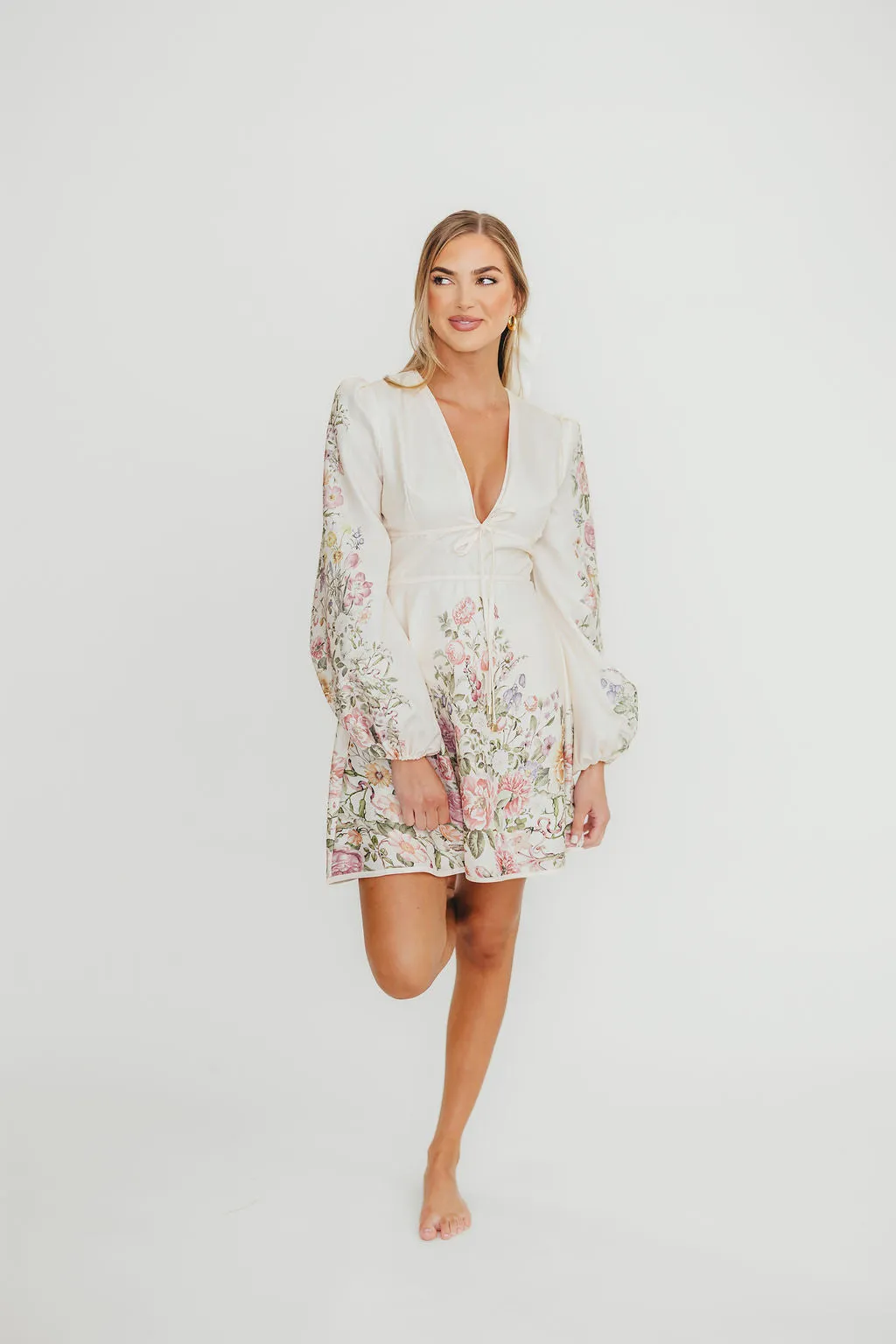 Luciana Long Sleeve Mini Dress in Cream Floral