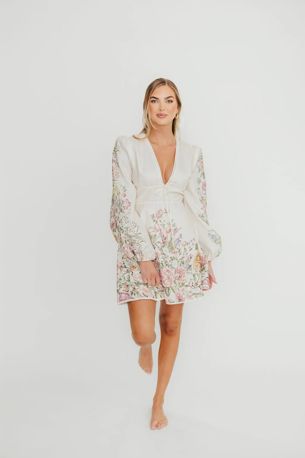 Luciana Long Sleeve Mini Dress in Cream Floral