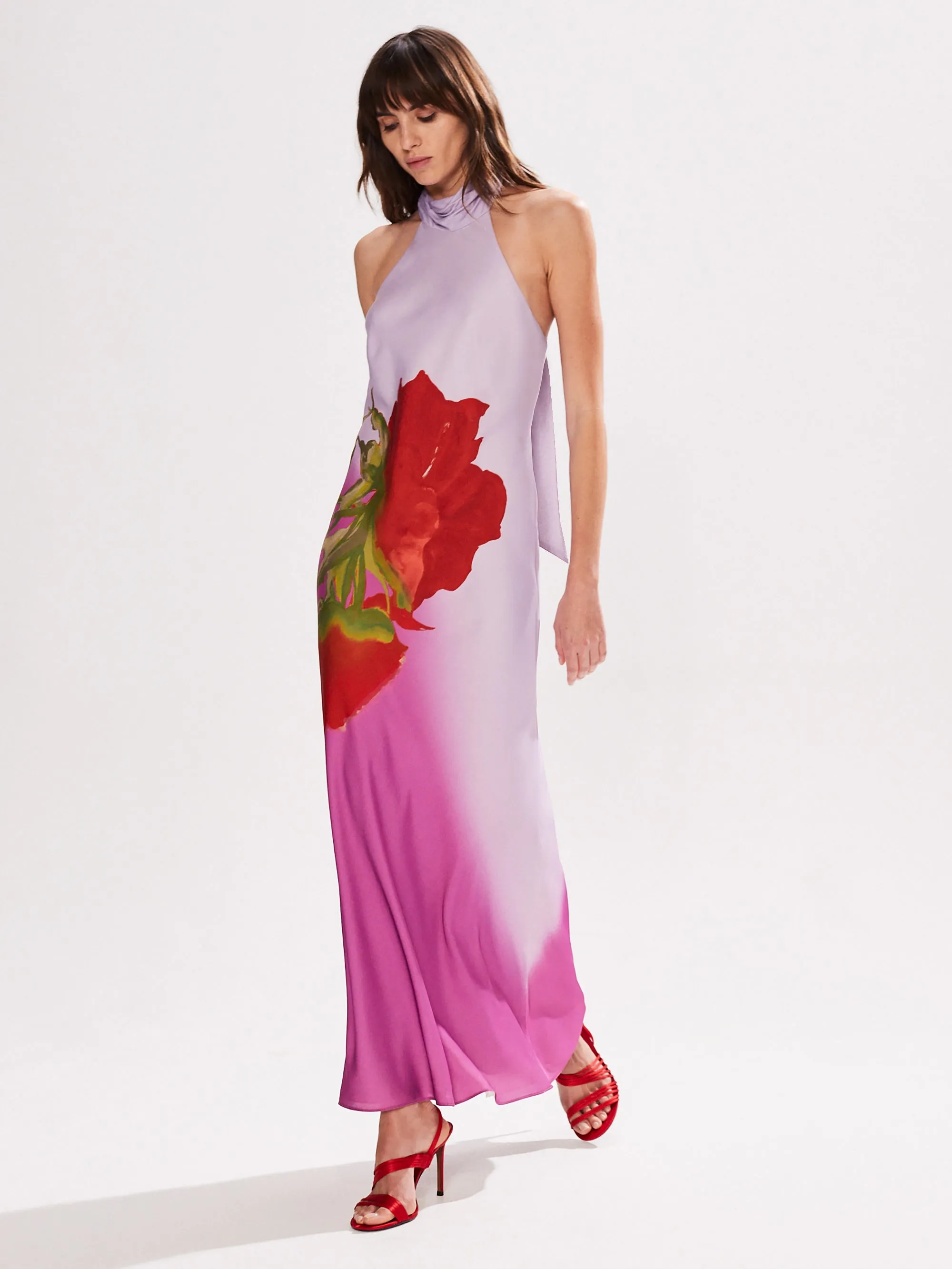 Margot Pink Rose Print Halter Neck Dress